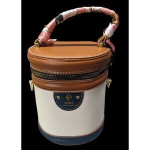 Elegant Colorblock Bucket Bag Cream Brown And Blue Faux Leather